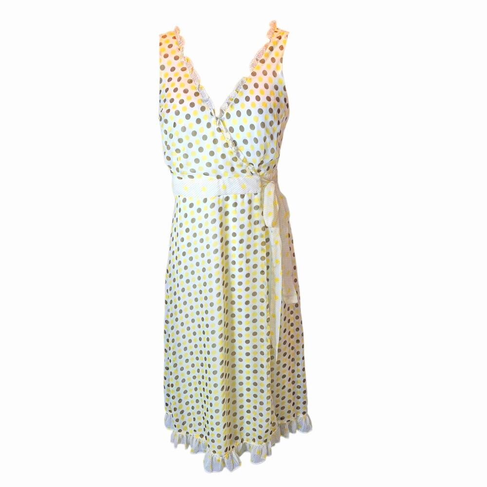 Jonathan Martin Light Yelow Polk-a-Dot Wrap Midi Dress Sleeveless Flowy Ruffle 6